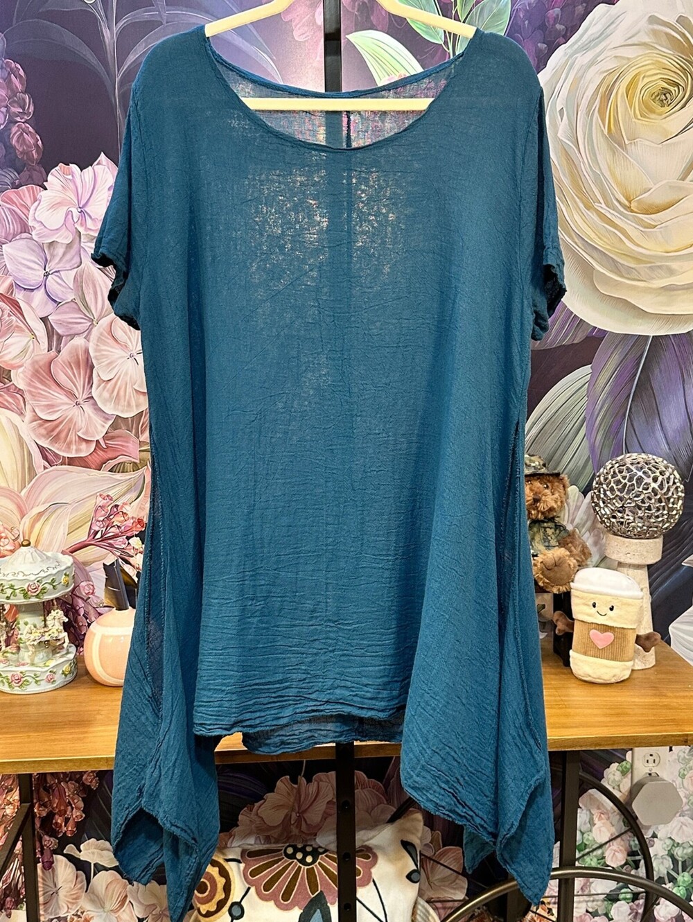 Pronto Moda Selena Teal Linen Cotton Tunic Boho Scoop Neck Asymmetric Hem Gauze